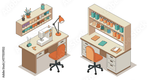 Creative sewing workspace with sewing machine and organized supplies in isometric design