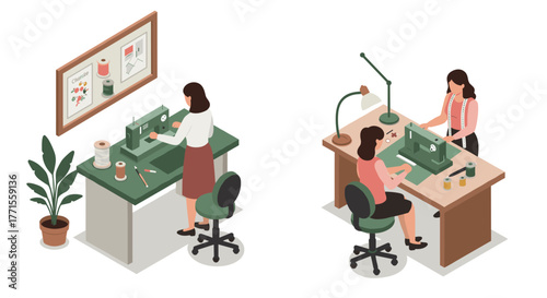 Isometric sewing workshop scene with people using sewing machines and tools