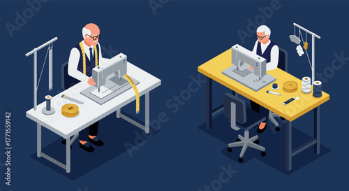 Tailoring workshop with sewing experts crafting garments, isometric art, detailed sewing supplies
