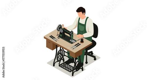 Isometric tailoring scene: craftsman sewing at vintage machine