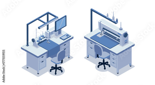 Modern isometric sewing and cutting machines in a factory setup
