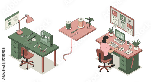 Isometric home sewing studio with computer and sewing machine