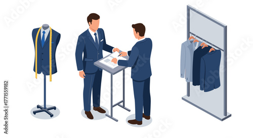 Isometric tailor consultation with business suits and garment rack