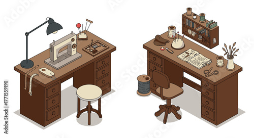Vintage sewing and crafting workspaces in isometric style with wooden desks and tools