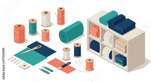 Isometric sewing supplies collection with colorful spools and fabrics