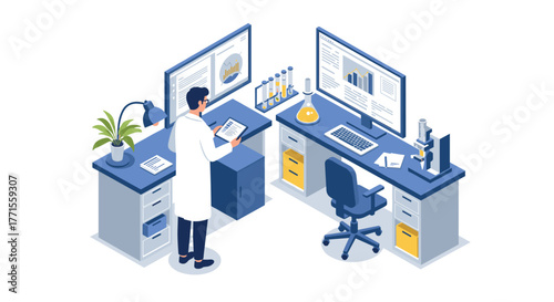 Scientist analyzing data in high-tech laboratory with modern equipment and graphs