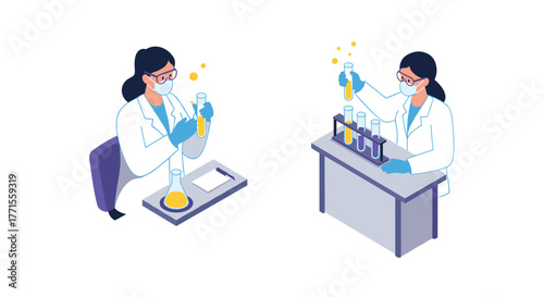 Scientists conducting experiments in modern isometric laboratory setting