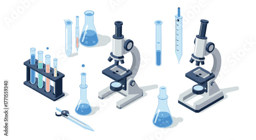 Isometric laboratory equipment: microscopes, beakers, and pipettes for scientific research