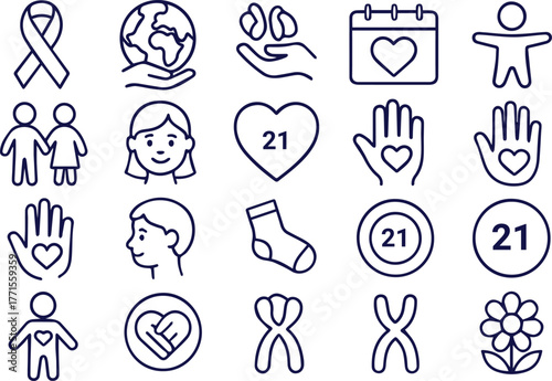 Down syndrome awareness icons isolated on white background, featuring ribbon, globe, hands, calendar, heart, people, face, sock, chromosome, and flower for support and advocacy