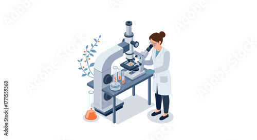 Isometric microscope research scene with scientist in laboratory