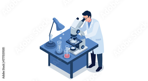 Scientist in a lab coat working with a microscope in an isometric laboratory setup