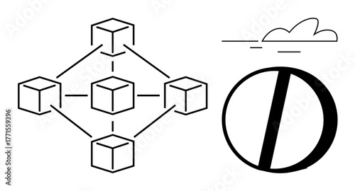 Connected cubes forming a blockchain network alongside a large segmented circle, representing decentralization, trust, and networking. Ideal for technology, blockchain, digital currency, innovation