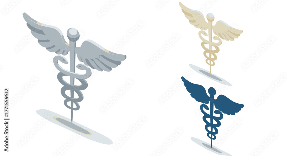 Naklejka premium Caduceus symbol with wings and snakes in isometric design