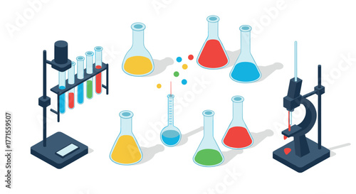 Isometric laboratory equipment with colorful flasks and microscope