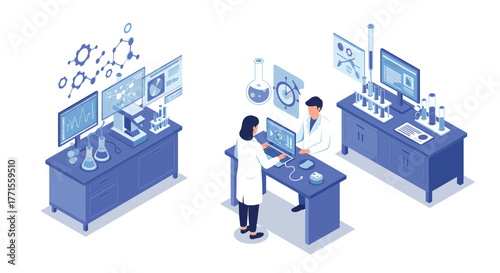 Innovative laboratory with scientists analyzing data in modern isometric design