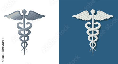 Caduceus symbol in monochrome and blue background - medical design concept