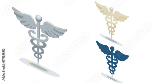 Caduceus symbol with wings and snakes in isometric design
