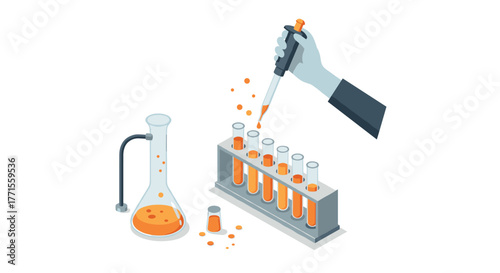 Isometric science lab experiment with pipette and test tubes