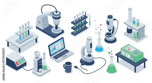 Isometric laboratory equipment setup with microscopes, test tubes, and analytical devices