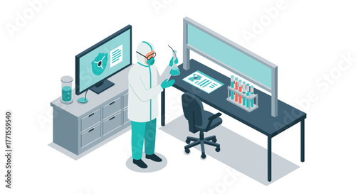 Modern isometric laboratory with scientist conducting experiments in clinical research setting