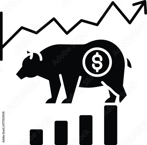 (Editable) Bear market silhouette with financial chart and dollar sign symbolizing economic downturn