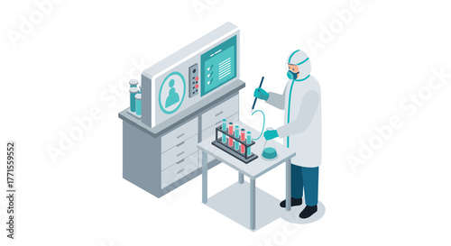 Scientist conducting research in laboratory with advanced technology and digital interfaces