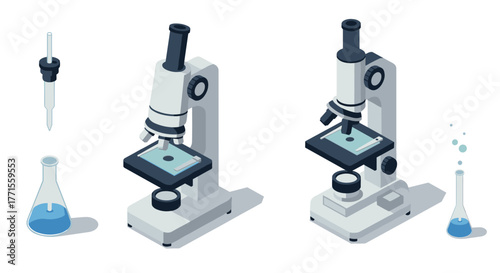Isometric microscopes with chemistry lab glassware and liquid elements