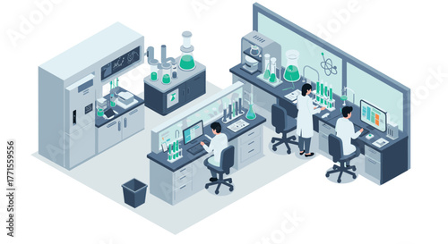 Modern isometric laboratory with scientists conducting experiments in a research facility