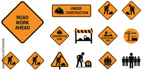 Vector Icon Set: Road Construction, Work Zone Safety Signs, and Worker Pictograms
