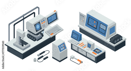 Modern industrial machines in isometric design with control panels and electronic equipment