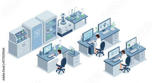 Modern isometric laboratory with scientists analyzing data and conducting experiments