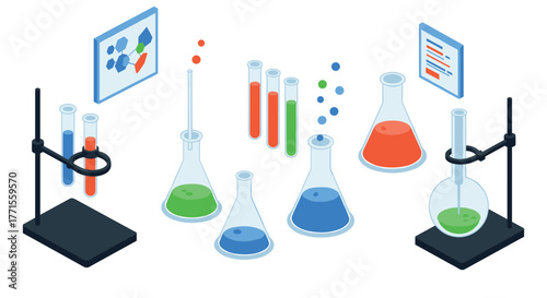 Colorful isometric laboratory equipment with test tubes and beakers in a scientific setting