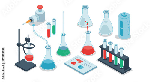 Isometric laboratory equipment with test tubes and beakers in modern science illustration