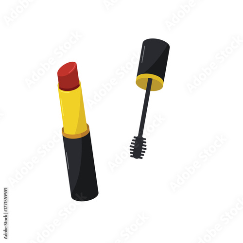 Floating Pair of Essential Cosmetics Open Red Lipstick and Mascara Wand Side by Side Representing a Simple Makeup Routine Beauty Products and Glamour Tools Against a Clean White Background