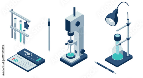 Modern laboratory equipment in isometric design showcasing scientific tools and instruments