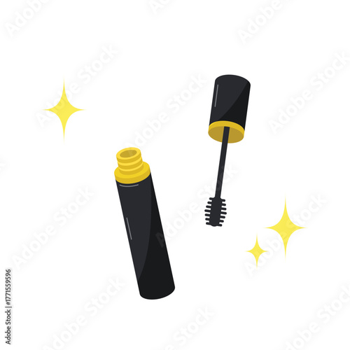 Opened Black Mascara Tube and Wand with Sparkles Floating Against a White Background Highlighting Eye Makeup Essential Beauty Tools and Glamour for Cosmetics Advertising and Digital Media