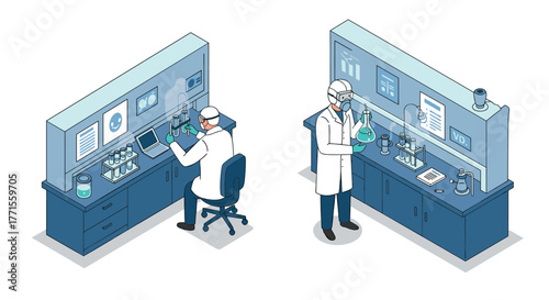 Laboratory research scene featuring scientists in modern isometric style