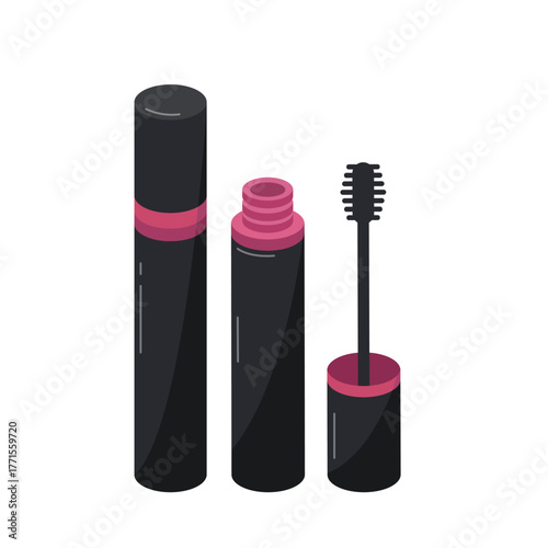 Isometric Black and Pink Mascara Set Featuring a Closed Tube an Open Tube and the Applicator Wand Displayed Separately Against a White Background Highlighting Cosmetic Products and Eye Makeup Tools