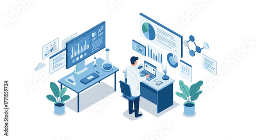 Isometric lab workspace with scientist analyzing data in a modern office setting