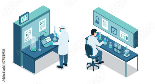 Scientific research in isometric laboratory with diverse scientists conducting experiments