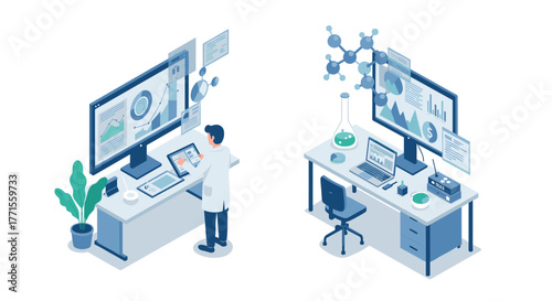 Futuristic laboratory workspace with scientist analyzing data on digital screens