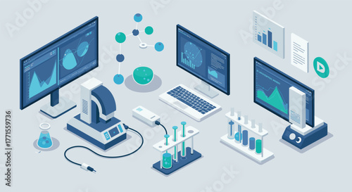 Isometric laboratory setup for data analysis and scientific research with modern technology