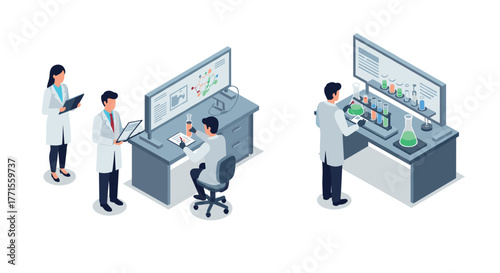Modern laboratory research scene with scientists using technology and analyzing data