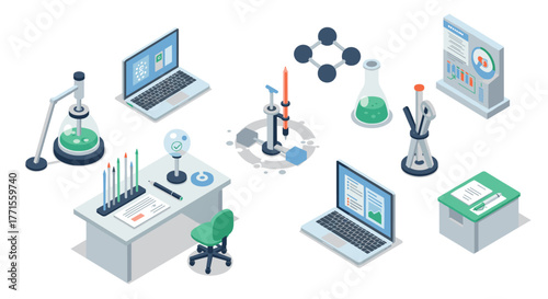Isometric office and laboratory workspace with laptops and scientific equipment