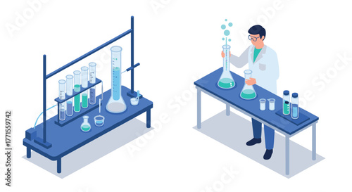 Isometric laboratory scene with scientist conducting experiments