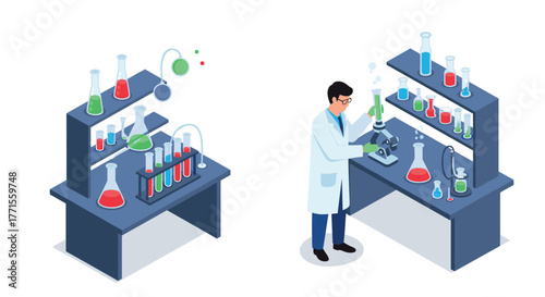 Isometric laboratory scene with scientist and colorful glassware on benches