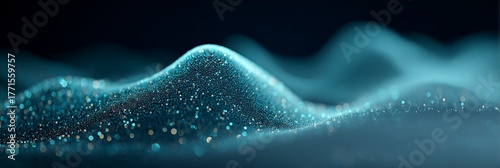 Abstract digital wave forming from blue and turquoise glitter particles, creating a sense of data flow, technology, and futuristic concepts in a dark environment