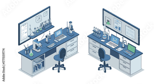Isometric laboratory workspace with equipment and computers in minimalist blue design