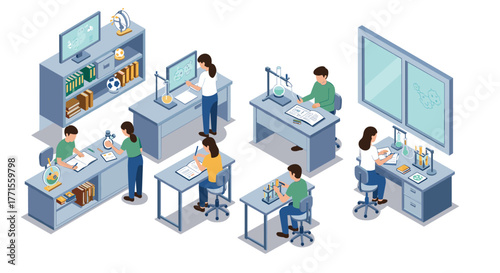 Isometric science laboratory scene with students conducting experiments and studying
