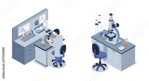 Isometric laboratory setup with scientist and microscope for scientific research